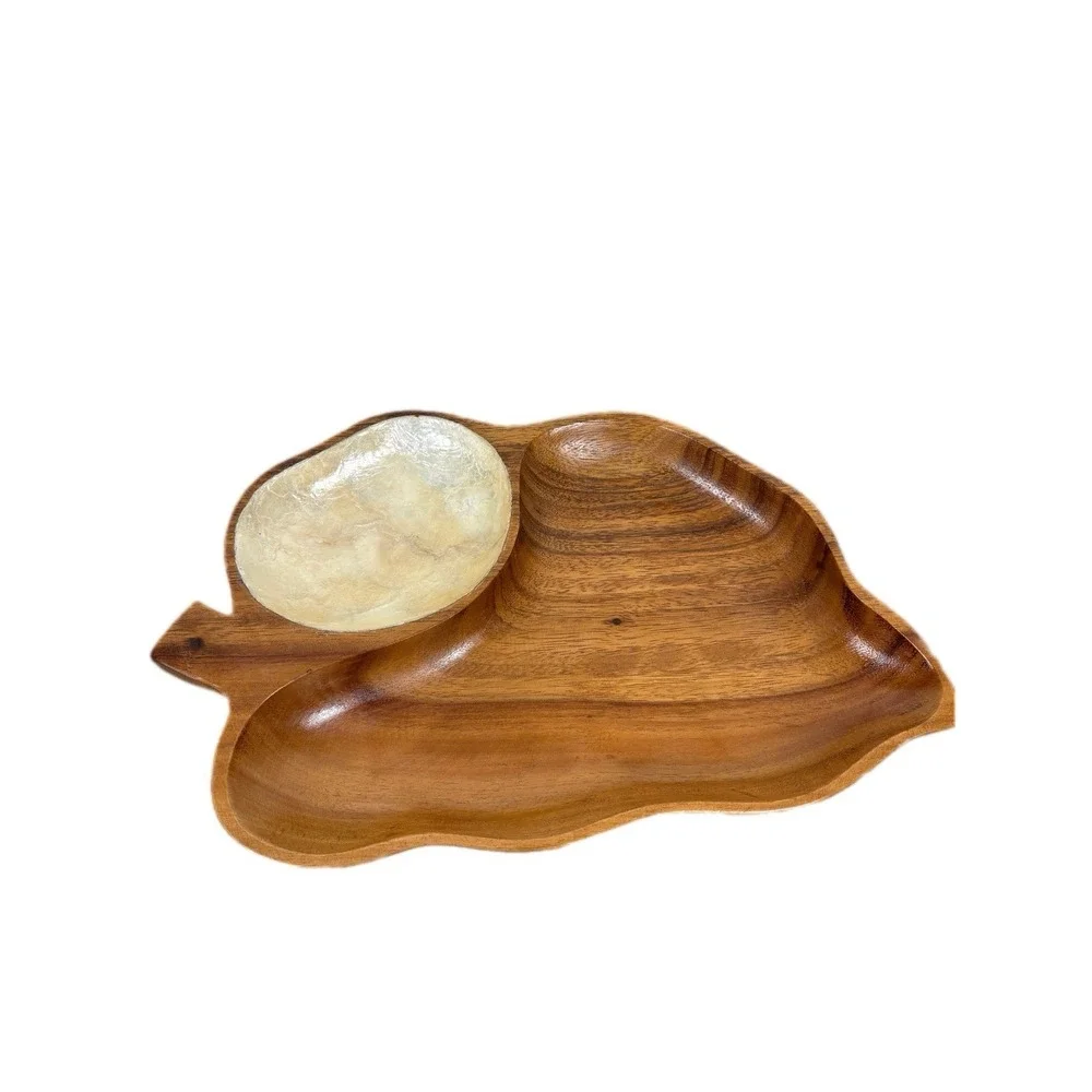 Vintage Napcoware Wood Leaf  Shaped Platter‎ Mother Of Pearl Dipping Bowl MCM